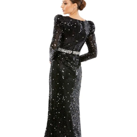 MAC DUGGAL 10736 SEQUINED FAUX WRAP PUFF SLEEVE TRUMPET BLACK GOWN sz 6 - Picture 2 of 8